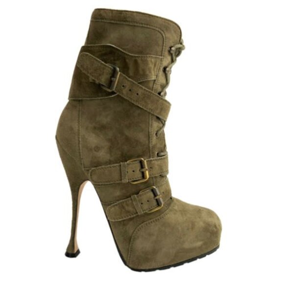 Brian Atwood All Leather Niki Platform Boots Green Military Ankle 38 - Picture 6 of 16